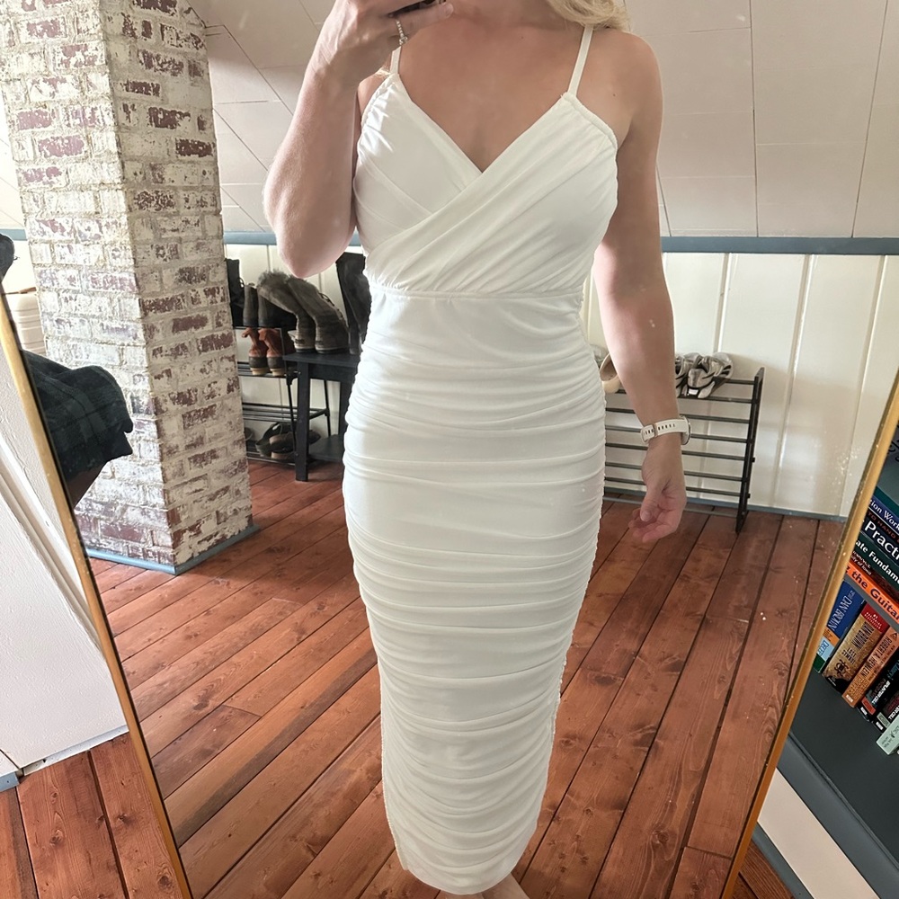 Elegant White Ruched Midi Dress